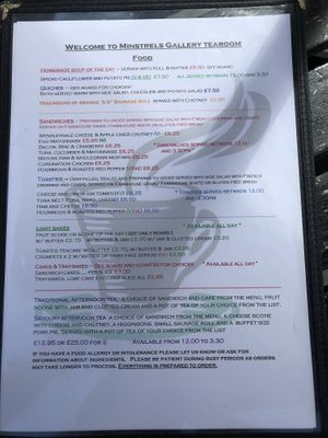 Food menu at Minstrels Gallery Tearoom in Hawkshead