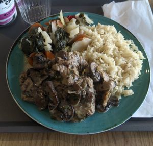 Soy fillets in a mushroom creamy sauce. at Gaya Veggie Market in Lisbon