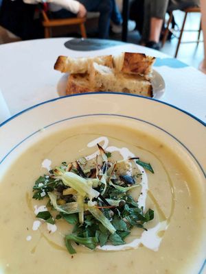 Soup (I think it was jerusalem artichoke, potato and something else), and bread. at Slow Hands in Hagersten
