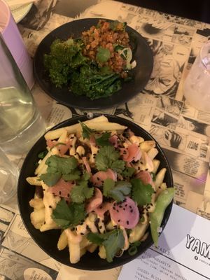 Chilli peanut greens and curry filthy fries  at Yamu Yamu in Worthing