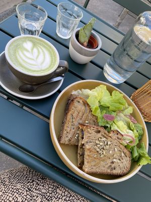 Matcha Latte with Oat milk and Sandwich with Salad  at Okara in Lyon