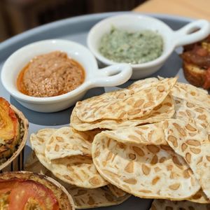 Tempeh Chips & Dips (Sundried Tomato Walnut Pesto, Spinach Cashew Cream) - High Tea Collab with Radeau Vegan 9 June 2024 at Lilac Oak in Central Singapore