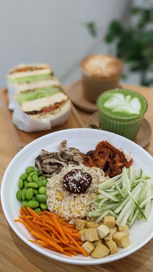 Vegan Bibimbap with Sweet Potato Rice, Mushroom Tofu Ciabatta, Matcha Oat Latte, Coffee at Lilac Oak in Central Singapore