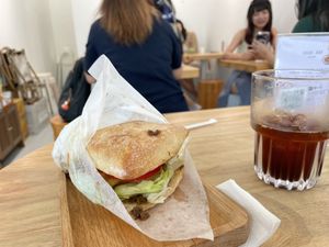 Tofu mushroom sandwich, and cold black coffee    at Lilac Oak in Central Singapore