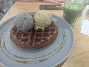 Waffle with black sesame and matcha ice cream at Lilac Oak in Central Singapore