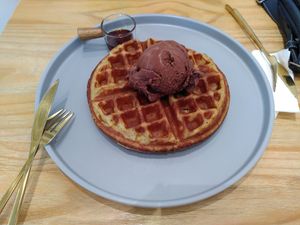Waffle and chocolate ice cream at Lilac Oak in Central Singapore