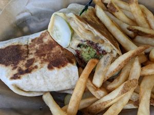 Falafel sandwich and fries (vegan) at Arbor Brewing Company - Corner Brewery in Ypsilanti