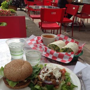 picnic food, eaten at tables on the sidewalk at Jazzy Veggie in Ann Arbor