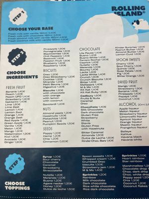 custom ice cream roll menu (includes vegan options such as almond milk, coconut milk, fruit, and some nuts/seeds) at Rolling Island in Lefkada