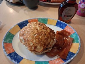 Vegan pancakes with facon and maple syrup, at Jack & Ada's in Walsall