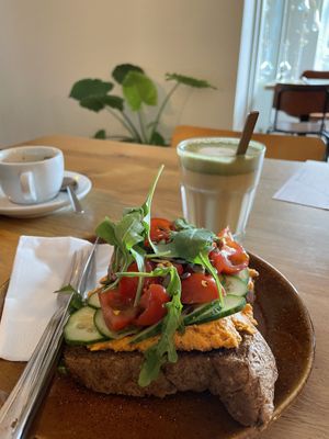 Hummus sandwich and matcha latte  at Koffiebar Knus in Dokkum