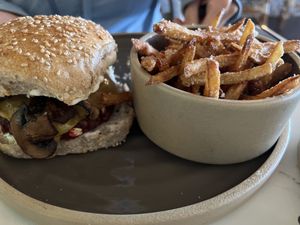 Old school burger - replaced the onions with mushrooms and had a side of truffle friess  at Mood in Tequesta
