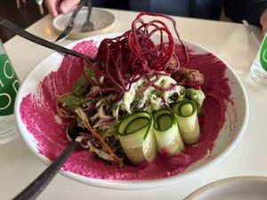 Falafel salad on beet hummus  at Mood in Tequesta