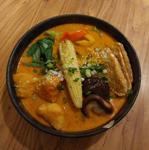 Thai Red Curry Noodles with Tempeh and Roasted Vegetables 泰式烤蔬天貝紅咖哩湯麵 (Vegan) at Black Window - 黑窗里 in Kowloon