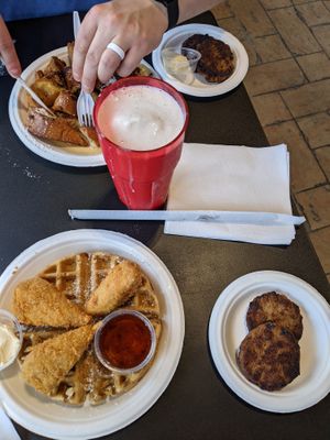 Husband across from me got the french toast, sausage, and a vanilla shake. 

I got the chicken and waffles with sausage. at Vegans Are Us in Atlantic City
