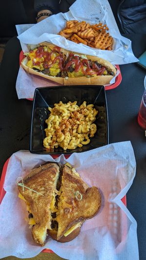 Reuben, mac and cheese, cheese steak, and sweet potato waffle fries at Vegans Are Us in Atlantic City