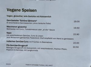 Menu of vegan items  at Marsoel in Chur