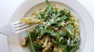 Pistachio pesto pasta with horseradish - close-up at Pinch Brunch Bar in Seoul