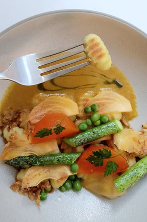 Persimmon curry with potato gnocchi - close-up at Pinch Brunch Bar in Seoul