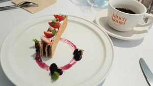 plated dessert & coffee at Pinch Brunch Bar in Seoul