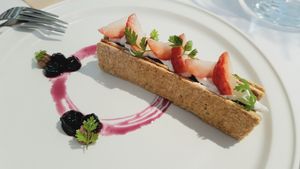 plated dessert: earl grey millefeuille, chocolate mousse, blueberry compote at Pinch Brunch Bar in Seoul