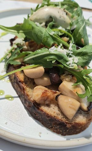 Mushroom tartine - close-up of garlic mousse at Pinch Brunch Bar in Seoul