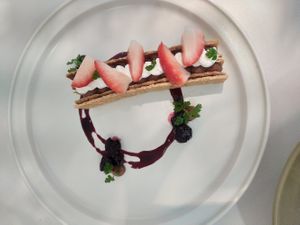 Chocolate shortbread with berry reduction at Pinch Brunch Bar in Seoul