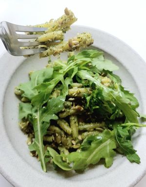 Chamnamul pesto pasta - close-up at Pinch Brunch Bar in Seoul