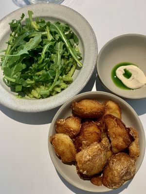 Lemon pasta and mashed fried potatoes!  at Pinch Brunch Bar in Seoul