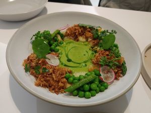 Green peas and gbocchi with green curry sauce at Pinch Brunch Bar in Seoul