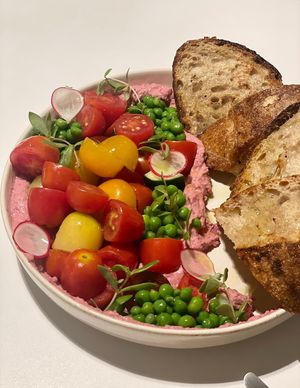 Bread was perfect. Pink hummus and these colorful vegetables are what you need on your plate everyday!  at Pinch Brunch Bar in Seoul