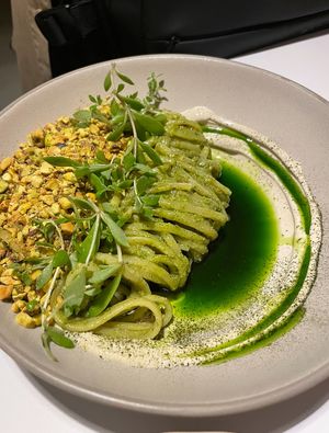 Pesto pasta with lots of pistachio.  The flavoring oil brings richness more.  at Pinch Brunch Bar in Seoul