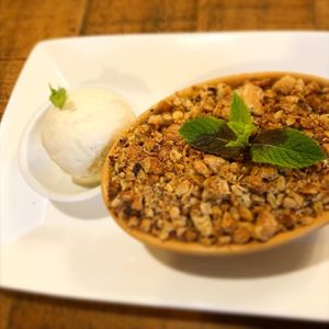 Apple and rhubarb crumble  at Victoria & Albert Inn in Whitley Bay