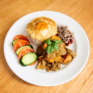 Nasi Lemak with a vegan egg at Loving Hut in Richmond