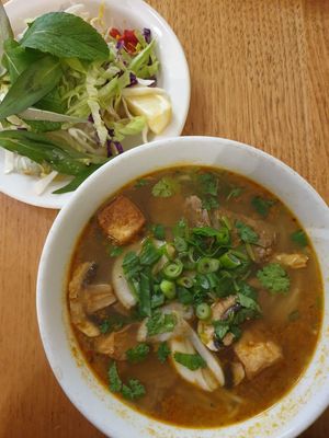 Bun Hue Noodle soup $17.00: not as strong in flavour as expected and as is traditional at Loving Hut in Richmond