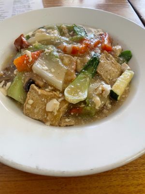 Combination Hor Fun noodles.  Tofu, shrimp and pork at Loving Hut in Richmond