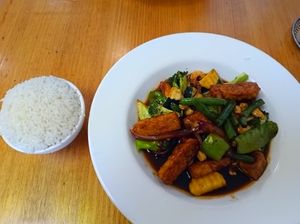 The tempeh dish had a bit of tofu and a lovely soy+chilli sauce at Loving Hut in Richmond