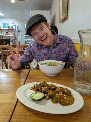 Satay skewers and wonton soup at Loving Hut in Richmond