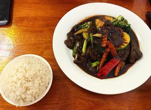 Mongolian BBQ Beef with Coconut Rice at Loving Hut in Richmond