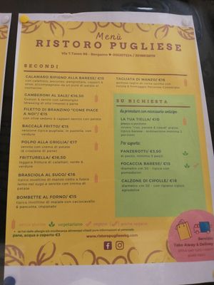 Menu at Ristoro Pugliese in Bergamo