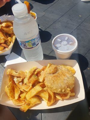 Chips and patty at Papa's Fish & Chips in Scarborough