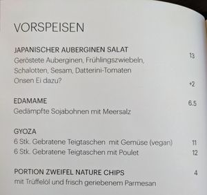 Menu page with starters at Sõko in Davos