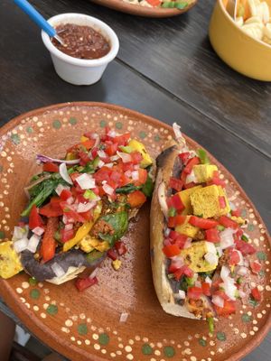 Molletes con chorizo y tofu  at NorthSide Cafe in Sayulita