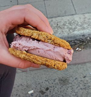 Strawberry ice cream in an oatmeal cookie sandwich at Honey's in Toronto