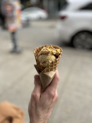 Pumpkin ice cream (october flavour) in an oat waffle cone.  at Honey's in Toronto