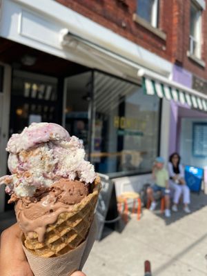 Wild Berry Crunch and Double Chocolate Brownie ice cream. at Honey's in Toronto