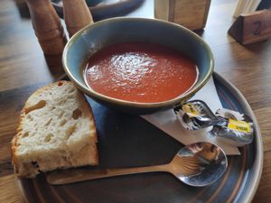 Tomato-Lentil soup at Cheese and Tomatin in Aviemore