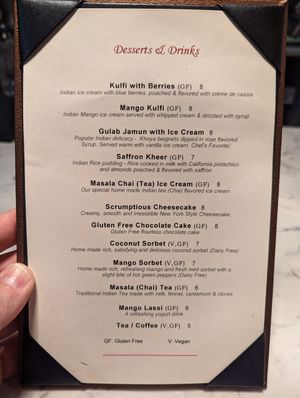 Desert menu at Andaaz in Asheville