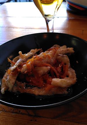 Puré de Moniato amb palets d'asberginia a la tempura. at WALD in Barcelona