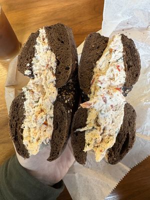 Huge amount of sun-dried tomato cream cheese   at Bagelsmith in Brooklyn